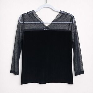Vintage Black Velvet Mesh Sleeve Polka Dot V Neck Top M Whimsigoth Parisian Goth